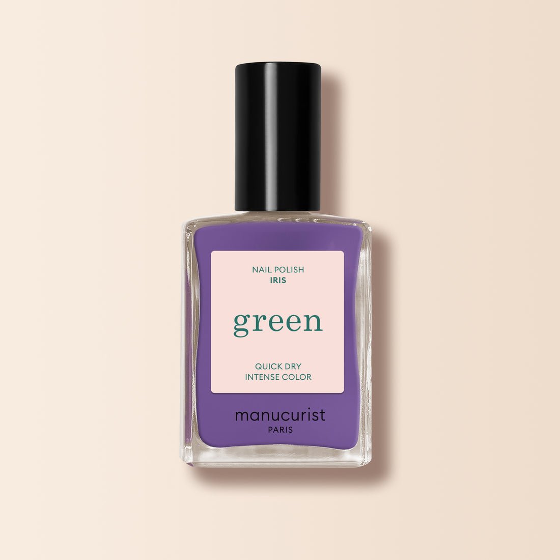 Manucurist Iris is a purple nail polish with blue undertones from the Green™ range, featuring quick-dry intense color, a black cap, and a beige label.
