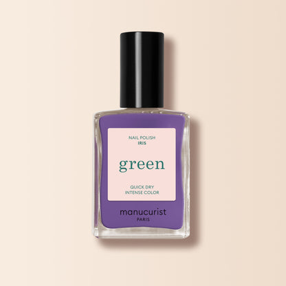 Manucurist Iris is a purple nail polish with blue undertones from the Green™ range, featuring quick-dry intense color, a black cap, and a beige label.